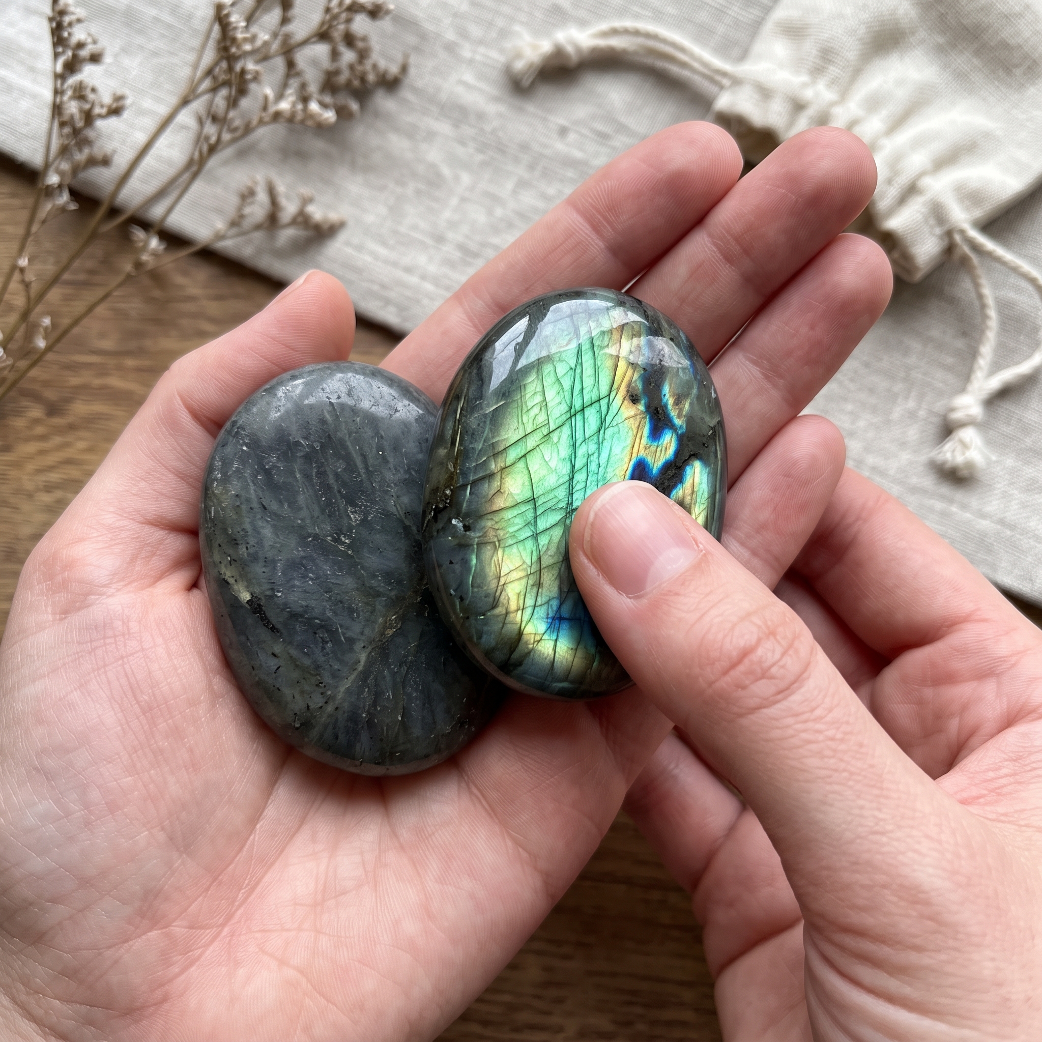 Labradorite Palm Stone — Aurora Veil